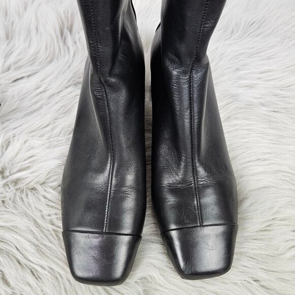 Ann Taylor Black Leather Ankle Boots Size 7M Square Toe Block Heel Back Zip Chic - Picture 4 of 13